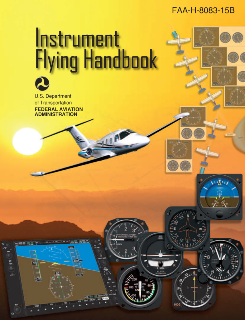 The Instrument Flying Handbook is prominently displayed on a table, showcasing its cover and title.