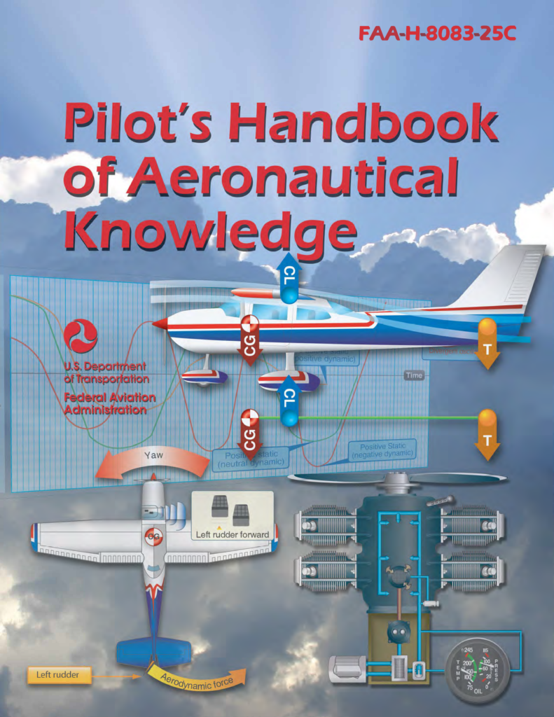 Cover of the pilot's handbook of aeronautical knowledge featuring an airplane graphic and title text.
